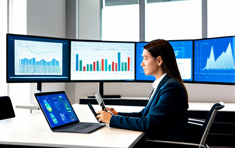 A professional PR strategist, fully clothed in a modest business suit, is seated at a sleek, ergonomic desk within a modern, sunlit office. Multiple large digital screens surround them, displaying complex real-time data analytics, social media feeds, and trend graphs, reflecting the digital transformation of public relations. The strategist, with perfect anatomy and natural proportions, is actively interacting with a laptop and a tablet, demonstrating focused, data-driven work. The scene emphasizes innovation and efficiency. Safe for work, appropriate content, family-friendly, well-formed hands, natural body proportions, professional photography, high quality.