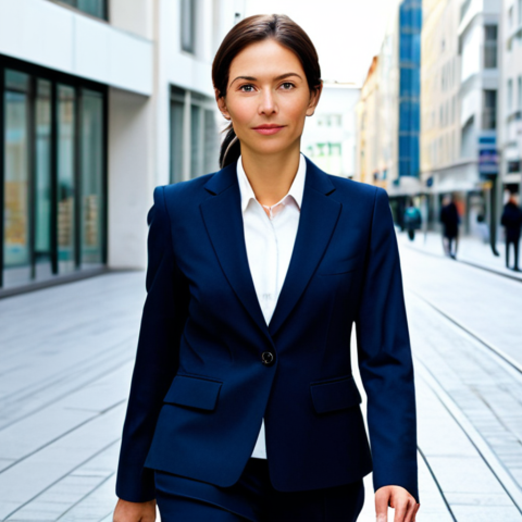 **

"A professional businesswoman in a modest business suit, walking confidently in a modern city center, fully clothed, appropriate attire, safe for work, perfect anatomy, natural proportions, daytime, bright lighting, professional photography, high quality, professional."

**
