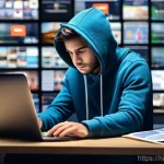 언론 보도의 신뢰성 - **Prompt:** A young adult, around 20-25 years old, sits at a modern desk, surrounded by multiple glo...