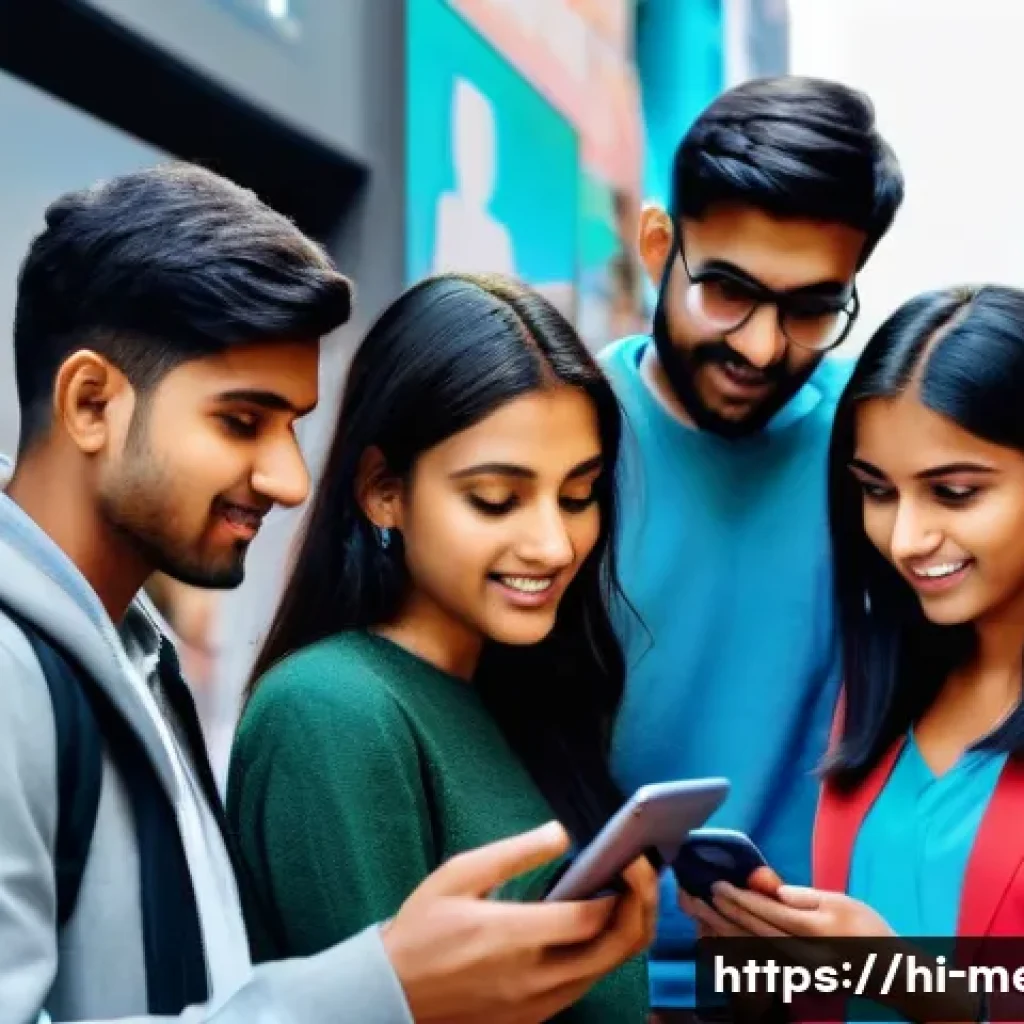 소셜미디어 콘텐츠 전략 - A diverse group of young Indian adults engaging with social media on multiple devices&mdash;smartphones, t...