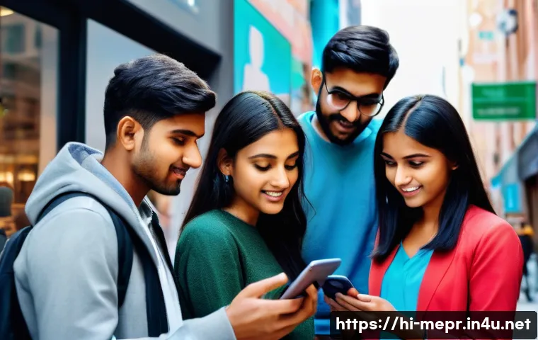 소셜미디어 콘텐츠 전략 - A diverse group of young Indian adults engaging with social media on multiple devices&mdash;smartphones, t...