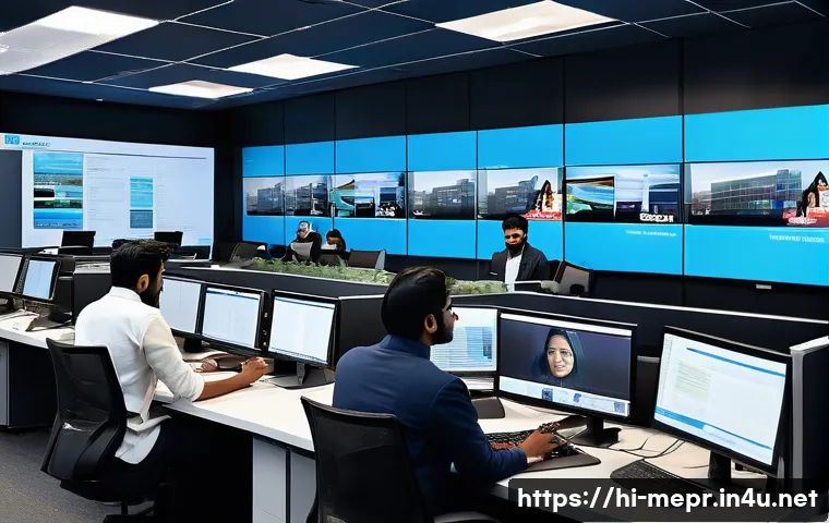 온라인 뉴스룸 운영 - A modern digital newsroom bustling with activity, featuring a diverse team of Indian journalists wea...