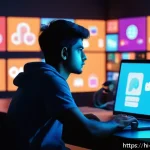 Home 19 미디어 심리학 - A detailed digital art scene depicting a young Indian adult sitting in a dimly lit room, surrounded ...