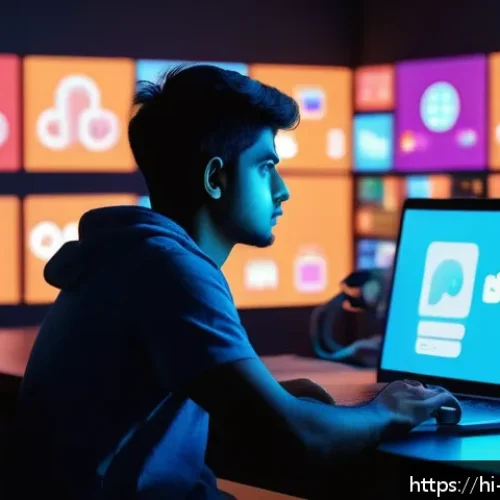 Home 31 미디어 심리학 - A detailed digital art scene depicting a young Indian adult sitting in a dimly lit room, surrounded ...