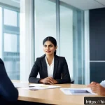 Home 23 PR 윤리와 책임 - A professional Indian businesswoman in a modern office setting, dressed in elegant formal attire wit...